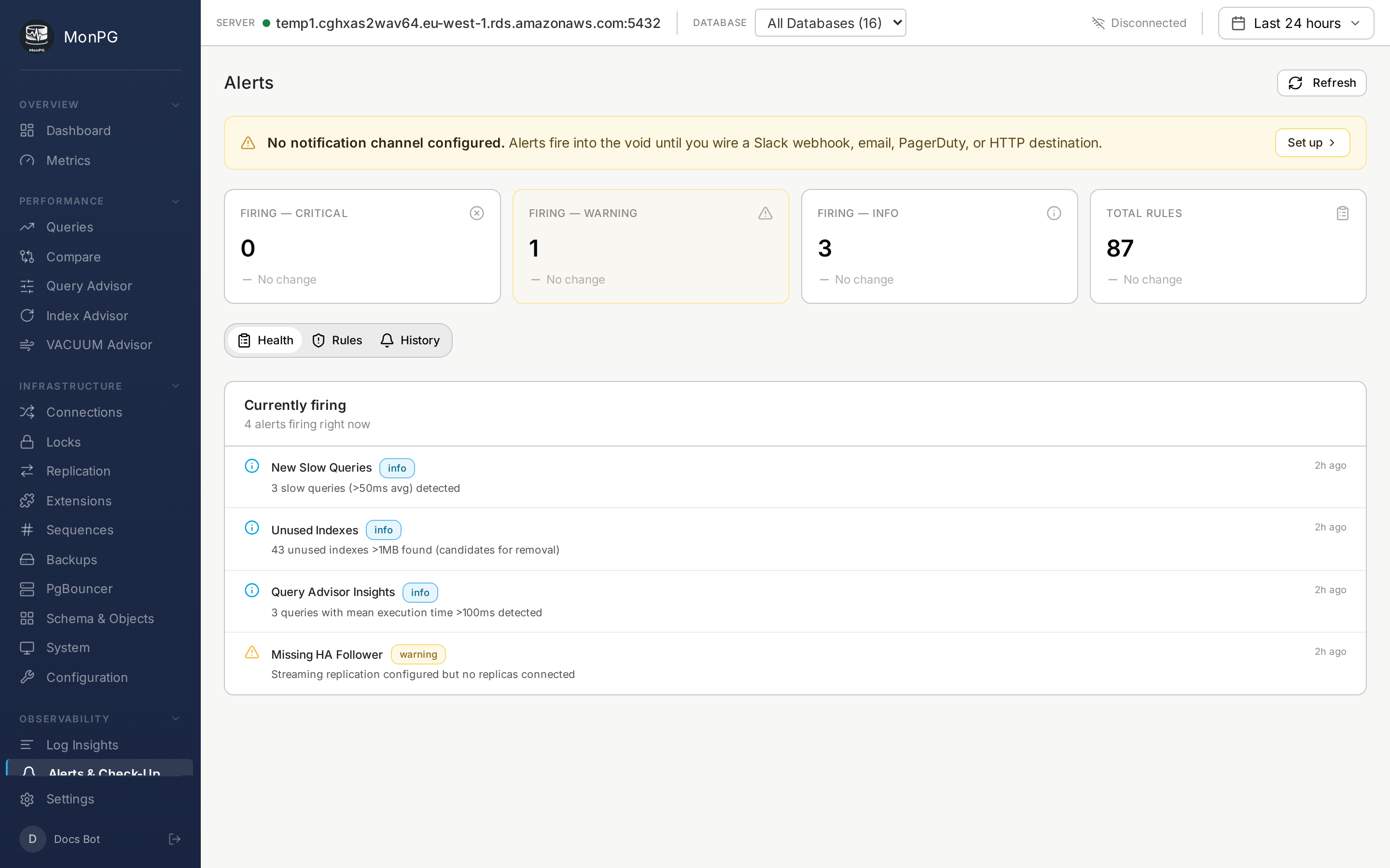 MonPG Alerts page