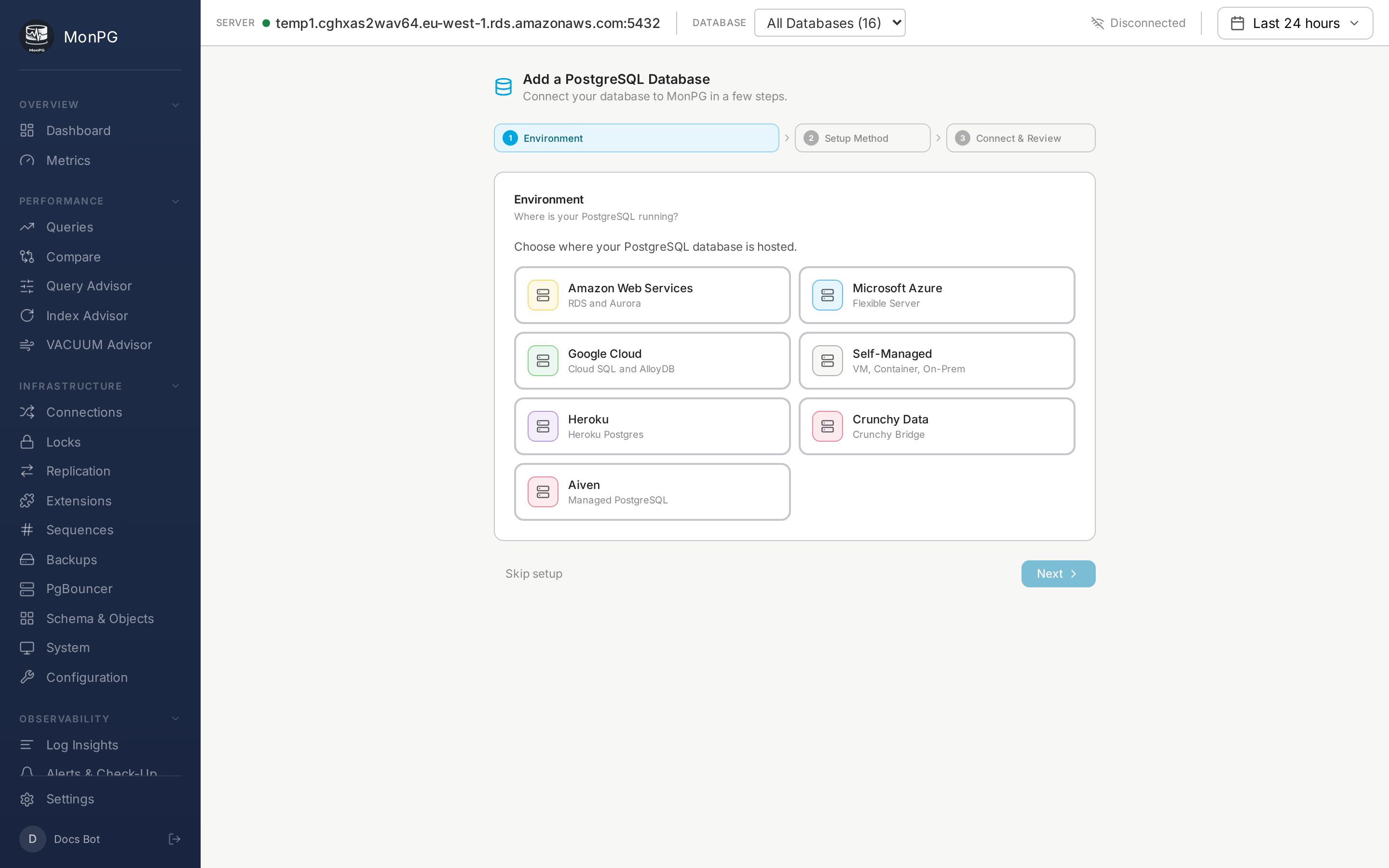 MonPG hosted onboarding wizard — environment picker